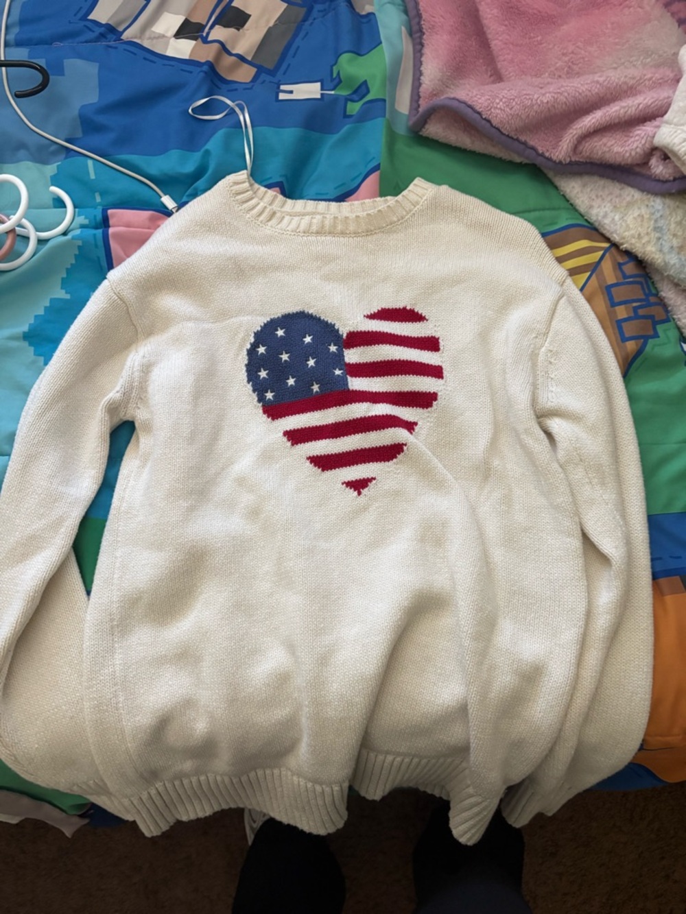 Aeropostale Cream Crewneck Sweater with Red & Blue Heart Flag
